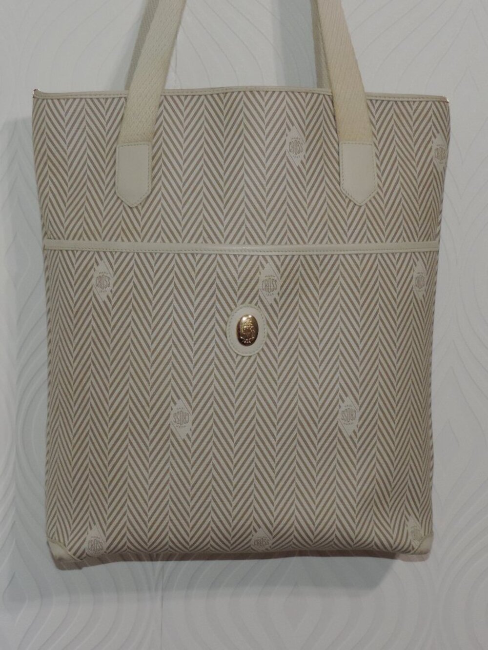 Rare MARK CROSS Azur Ivory Leather Coated Canvas Chevron Tote Bag Vintage Italy